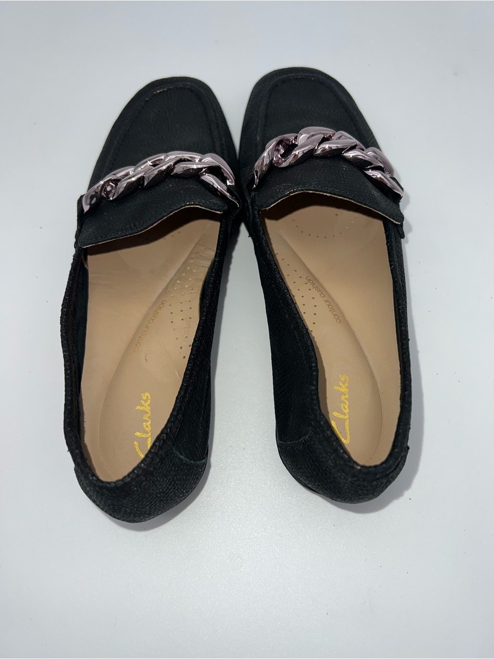 Clarks Sarafyna Iris shimmer Leather loafers Women’s size 6 shoes silver chain - Picture 9 of 9